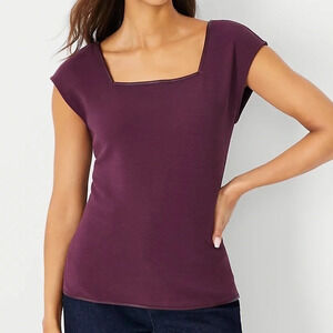 NWT AT Faux Leather Trim Textured Square Neck Top